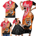 Personalised Dragons And Tigers Rugby Family Matching Short Sleeve Bodycon Dress and Hawaiian Shirt Aboriginal Art
