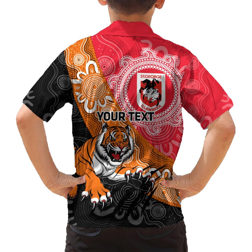 Personalised Dragons And Tigers Rugby Family Matching Short Sleeve Bodycon Dress and Hawaiian Shirt Aboriginal Art