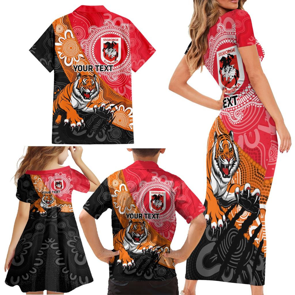Personalised Dragons And Tigers Rugby Family Matching Short Sleeve Bodycon Dress and Hawaiian Shirt Aboriginal Art