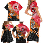 Personalised Dragons And Tigers Rugby Family Matching Short Sleeve Bodycon Dress and Hawaiian Shirt Aboriginal Art