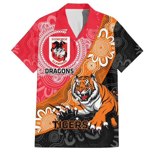 Personalised Dragons And Tigers Rugby Family Matching Short Sleeve Bodycon Dress and Hawaiian Shirt Aboriginal Art