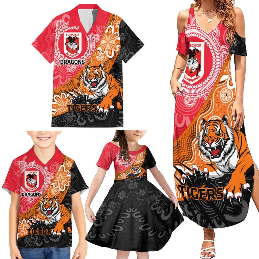 Personalised Dragons And Tigers Rugby Family Matching Summer Maxi Dress and Hawaiian Shirt Aboriginal Art