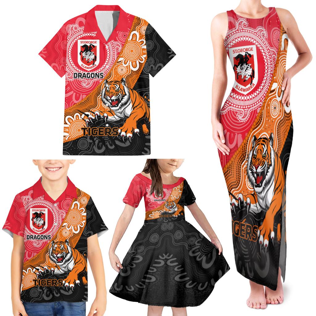 Personalised Dragons And Tigers Rugby Family Matching Tank Maxi Dress and Hawaiian Shirt Aboriginal Art