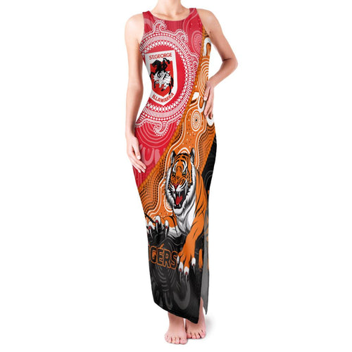 Personalised Dragons And Tigers Rugby Family Matching Tank Maxi Dress and Hawaiian Shirt Aboriginal Art