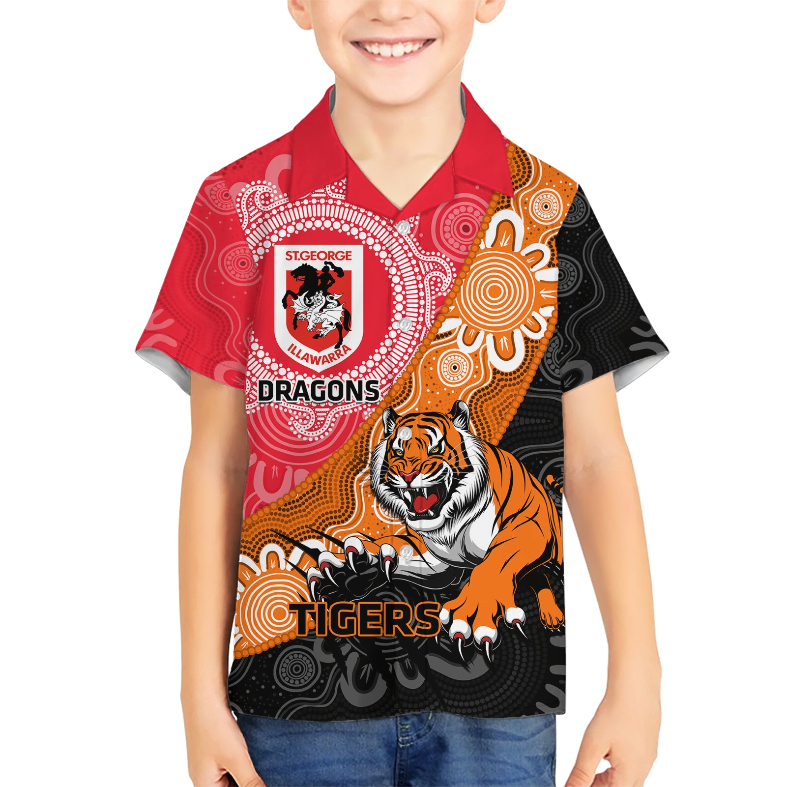 Personalised Dragons And Tigers Rugby Hawaiian Shirt Aboriginal Art