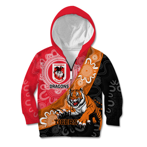 Personalised Dragons And Tigers Rugby Kid Hoodie Aboriginal Art