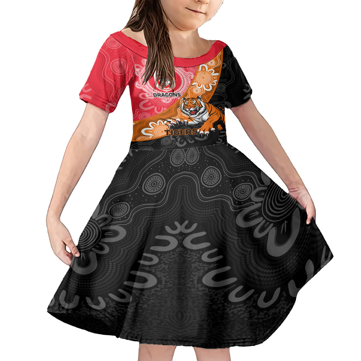 Personalised Dragons And Tigers Rugby Kid Short Sleeve Dress Aboriginal Art