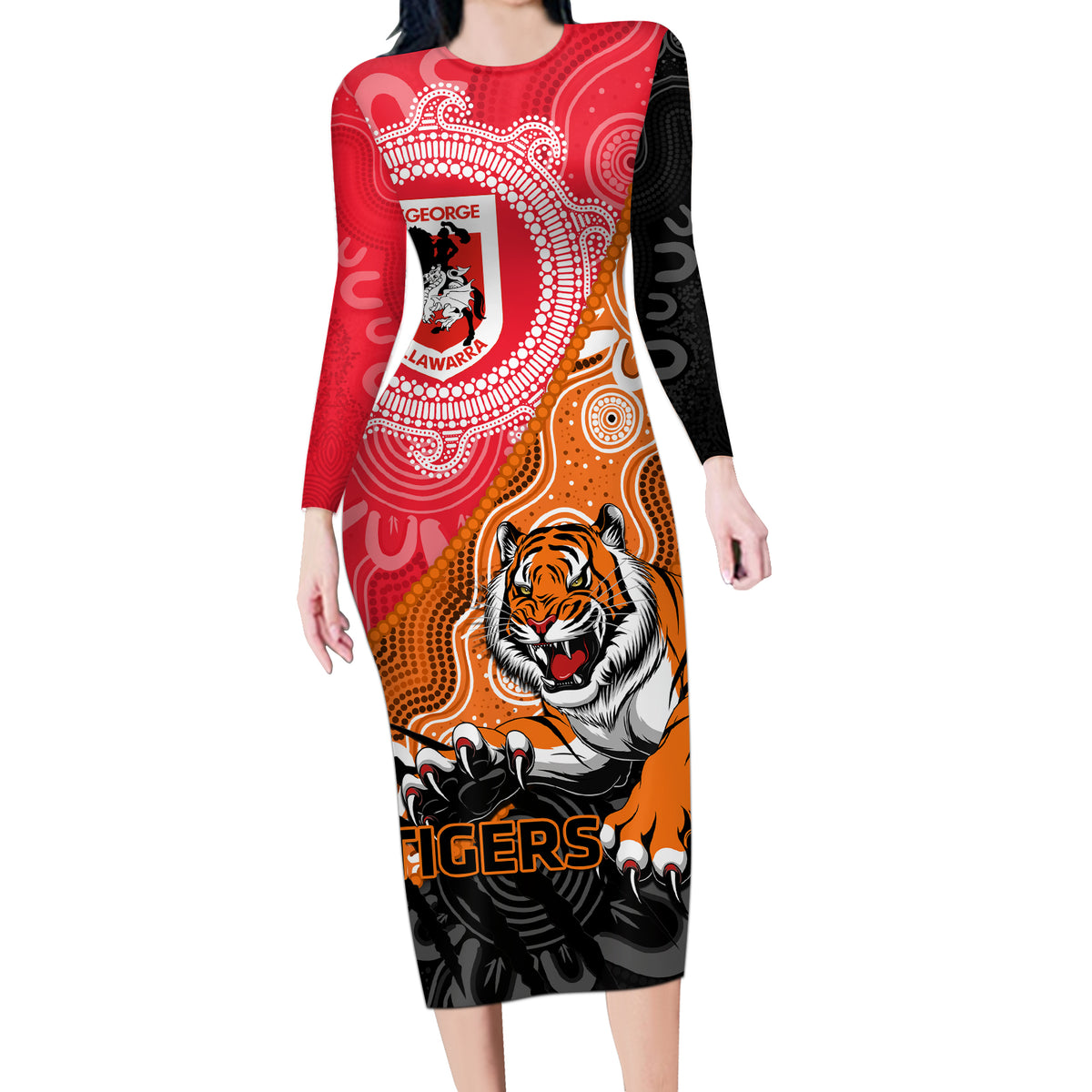 Personalised Dragons And Tigers Rugby Long Sleeve Bodycon Dress Aboriginal Art