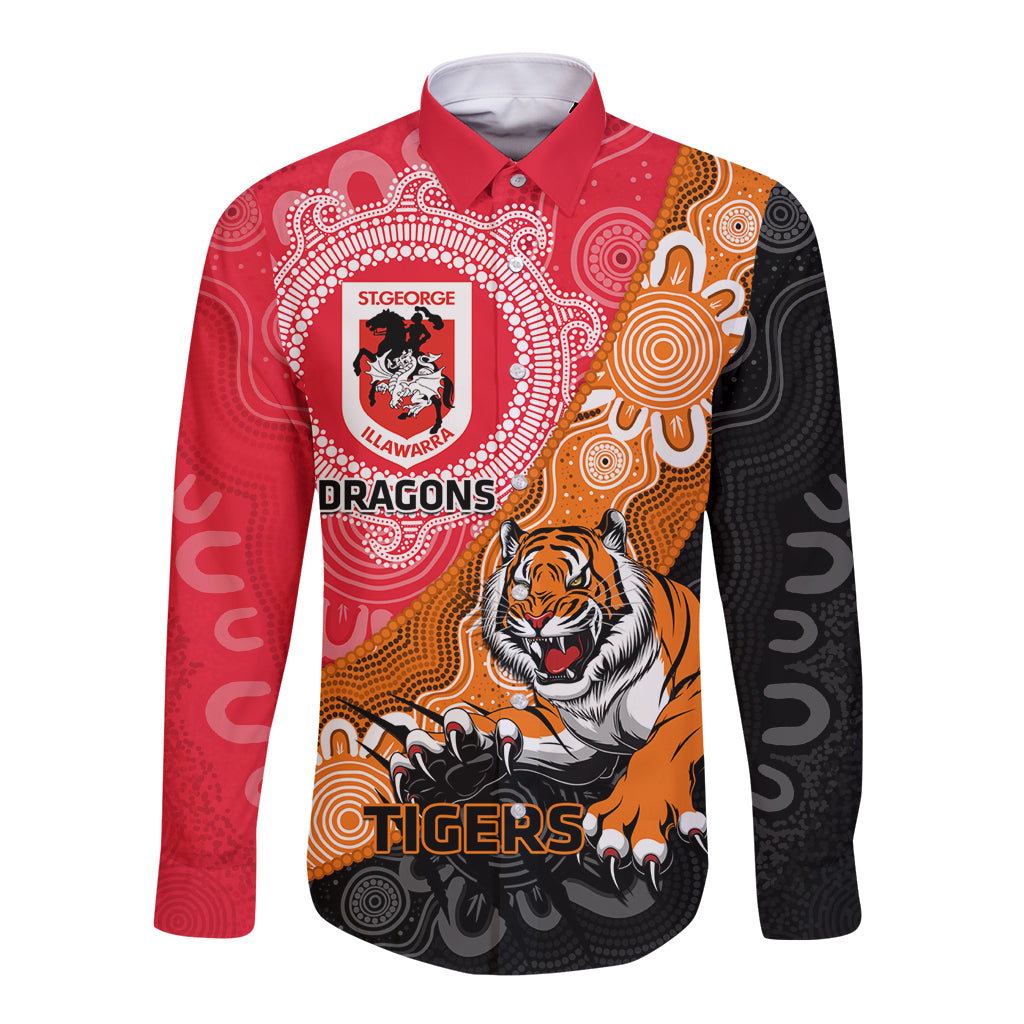 Personalised Dragons And Tigers Rugby Long Sleeve Button Shirt Aboriginal Art