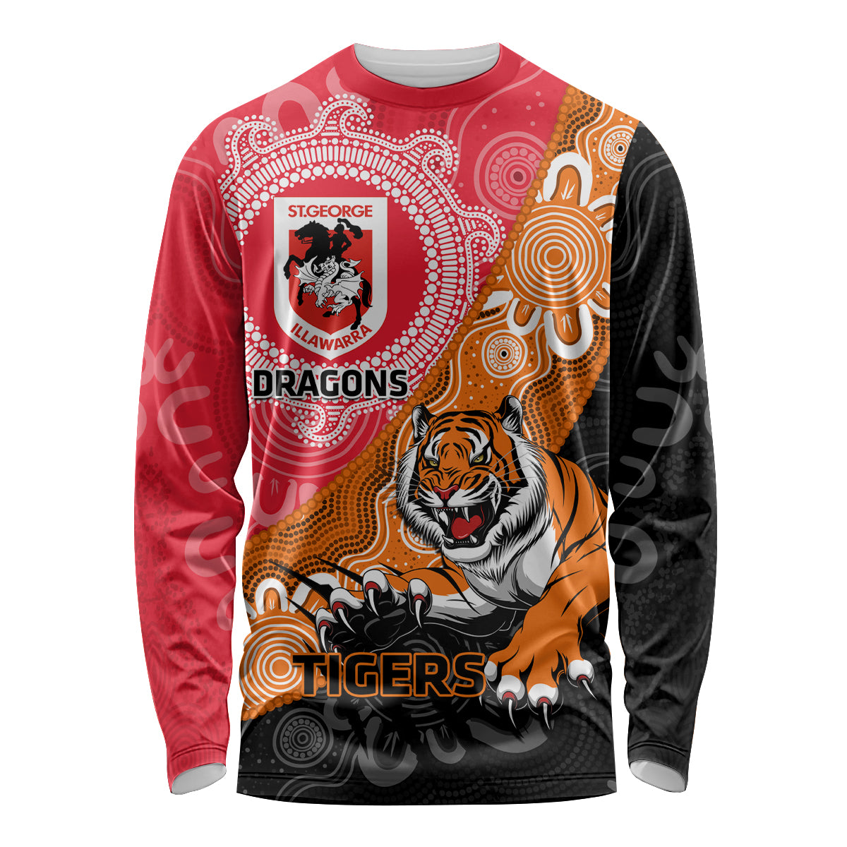 Personalised Dragons And Tigers Rugby Long Sleeve Shirt Aboriginal Art