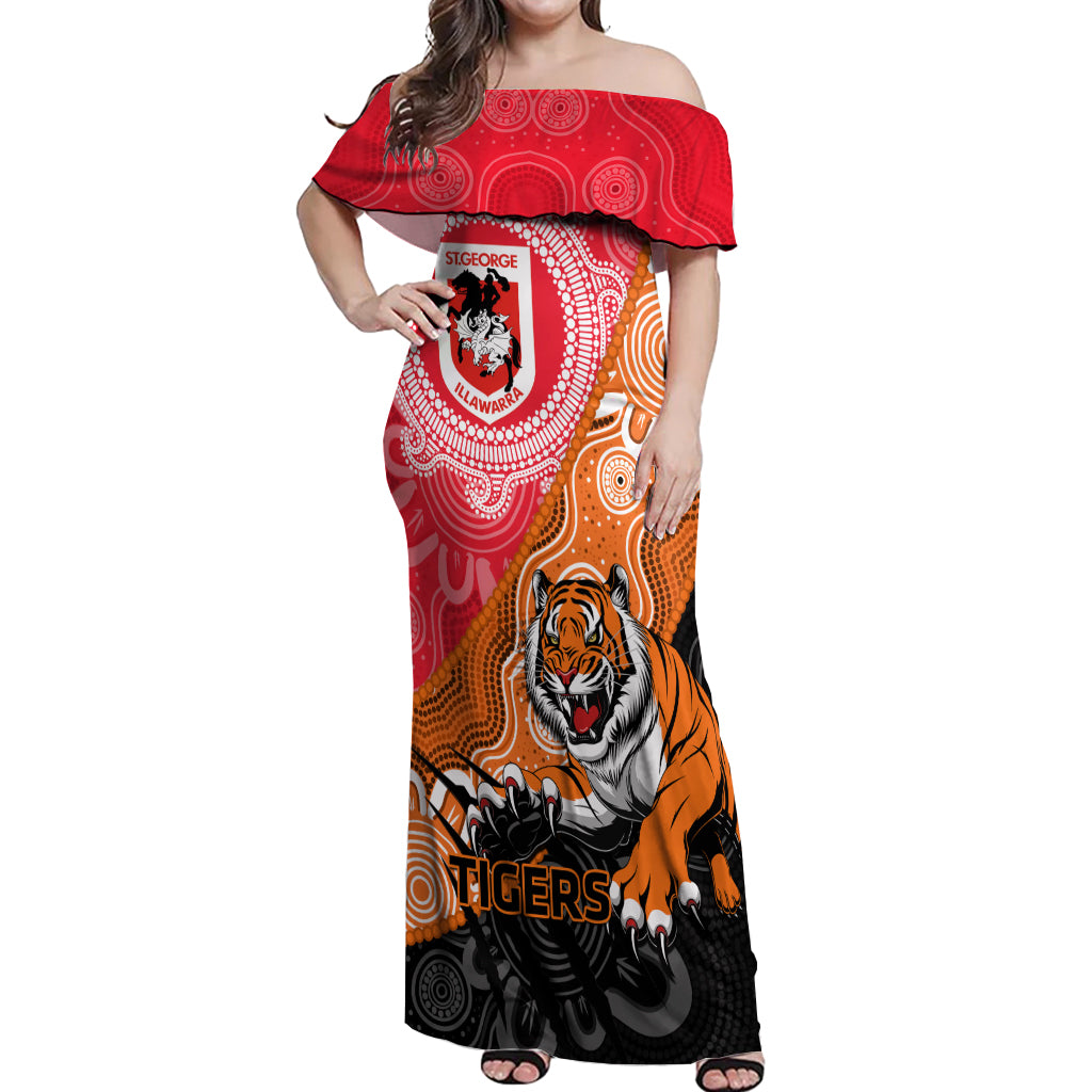 Personalised Dragons And Tigers Rugby Off Shoulder Maxi Dress Aboriginal Art