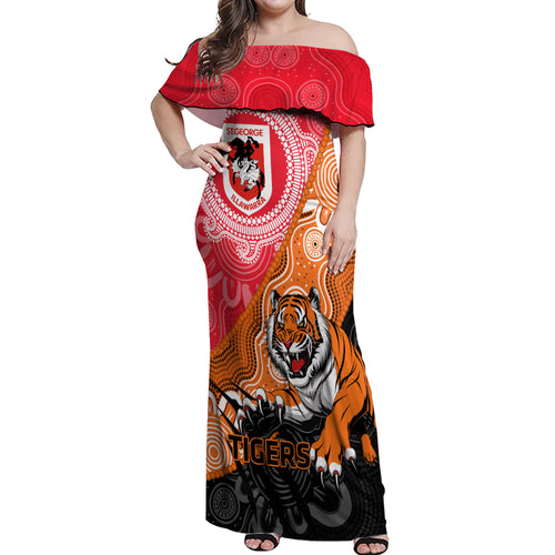 Personalised Dragons And Tigers Rugby Off Shoulder Maxi Dress Aboriginal Art