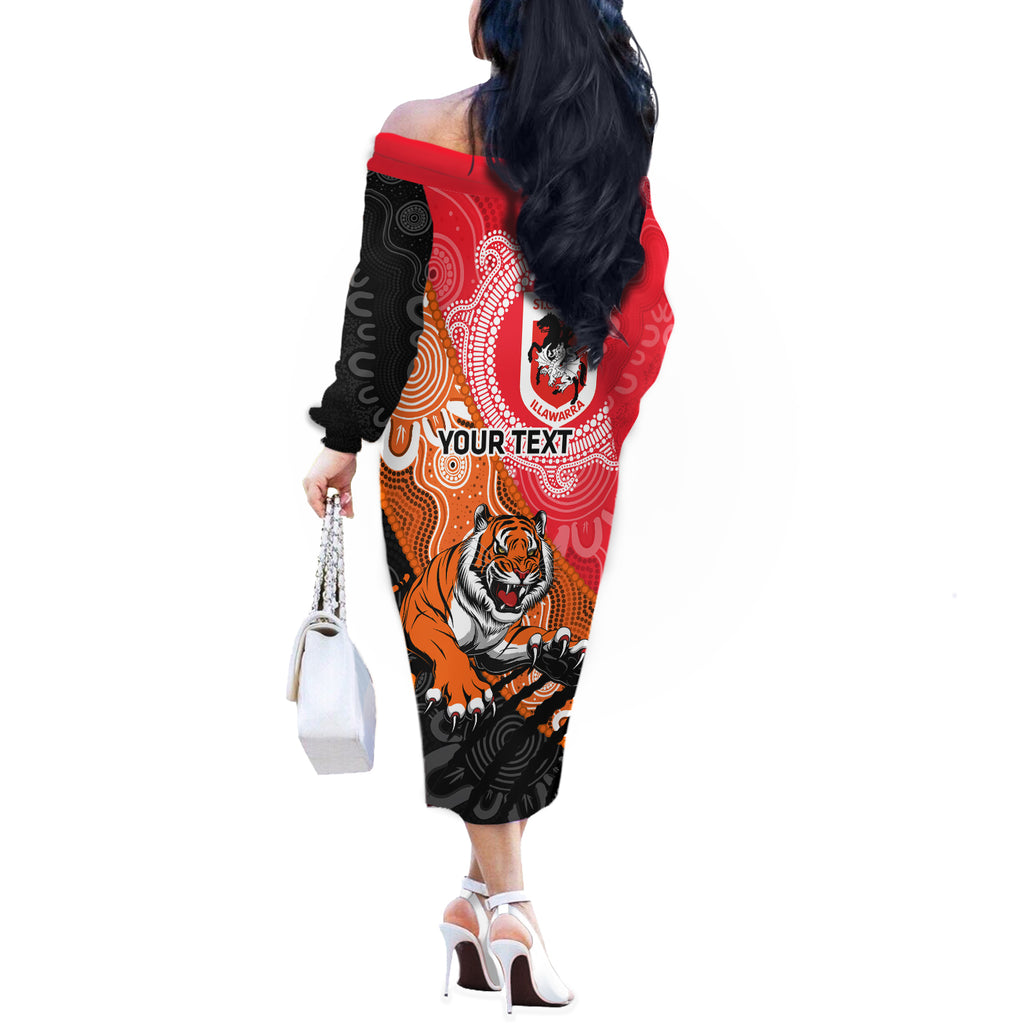 Personalised Dragons And Tigers Rugby Off The Shoulder Long Sleeve Dress Aboriginal Art