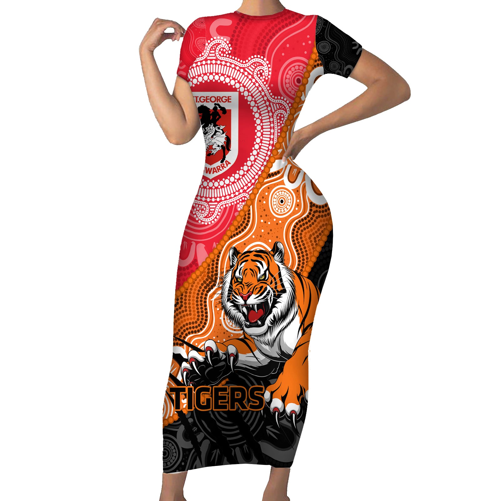 Personalised Dragons And Tigers Rugby Short Sleeve Bodycon Dress Aboriginal Art