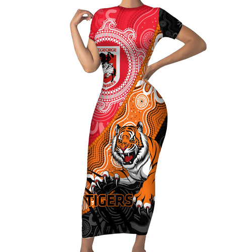 Personalised Dragons And Tigers Rugby Short Sleeve Bodycon Dress Aboriginal Art