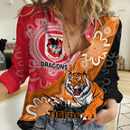 Personalised Dragons And Tigers Rugby Women Casual Shirt Aboriginal Art