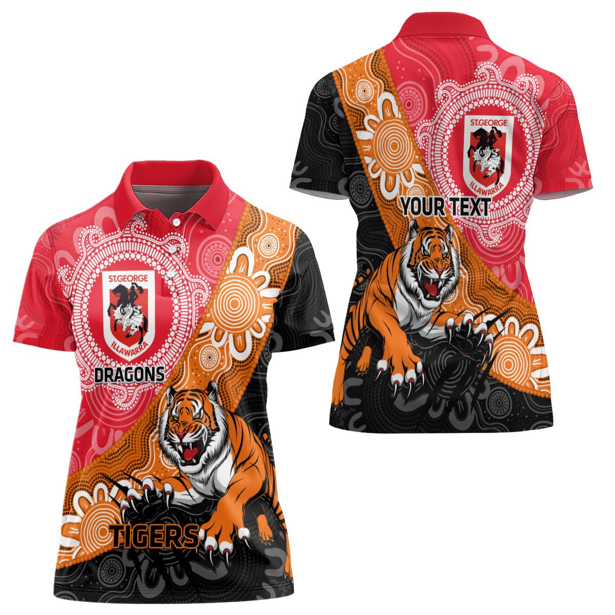 Personalised Dragons And Tigers Rugby Women Polo Shirt Aboriginal Art