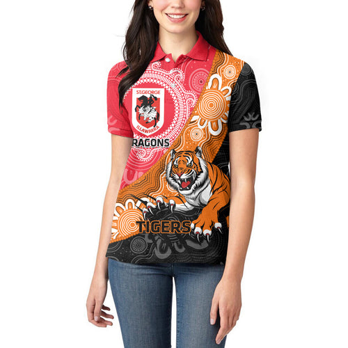 Personalised Dragons And Tigers Rugby Women Polo Shirt Aboriginal Art