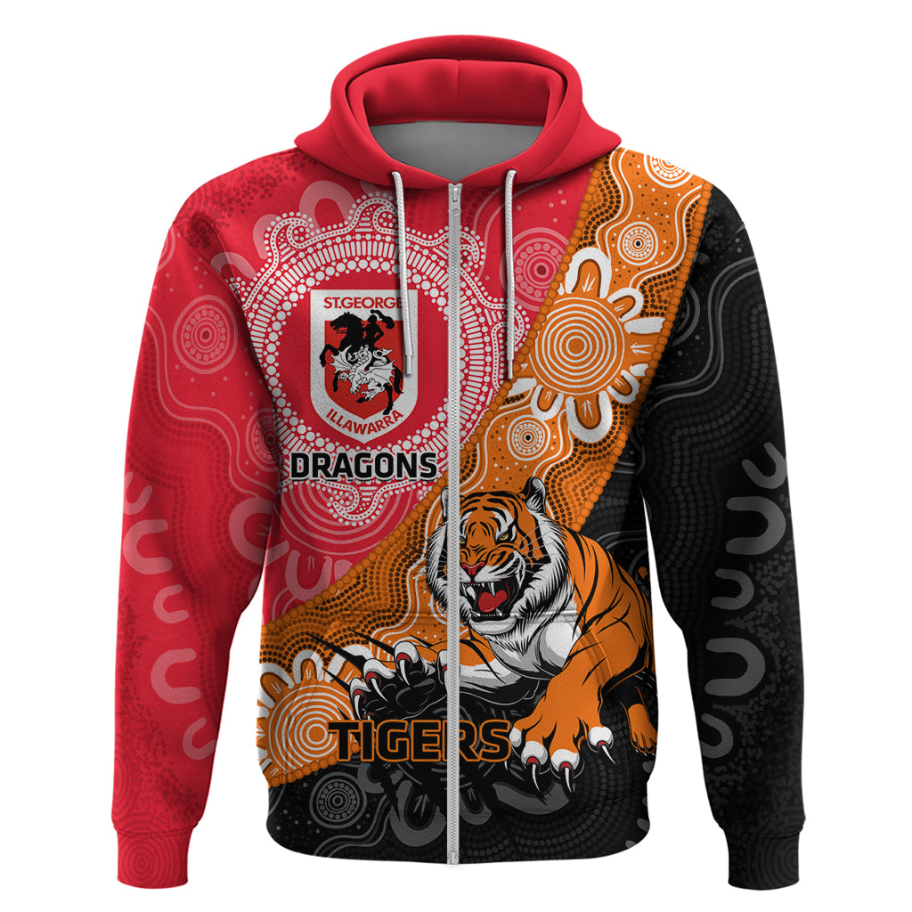 Personalised Dragons And Tigers Rugby Zip Hoodie Aboriginal Art