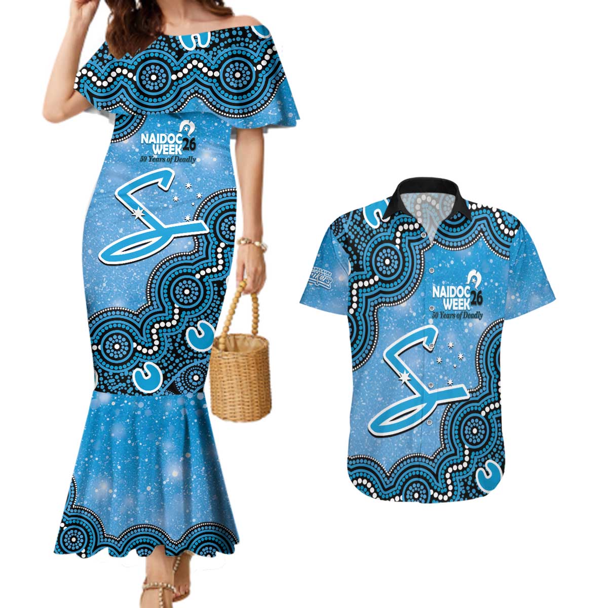Adelaide Strikers NAIDOC Week 2026 Custom Couples Matching Mermaid Dress and Hawaiian Shirt 50 Years Deadly Indigenous Art Glitter Effect