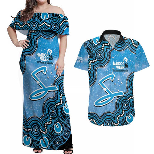 Adelaide Strikers NAIDOC Week 2026 Custom Couples Matching Off Shoulder Maxi Dress and Hawaiian Shirt 50 Years Deadly Indigenous Art Glitter Effect
