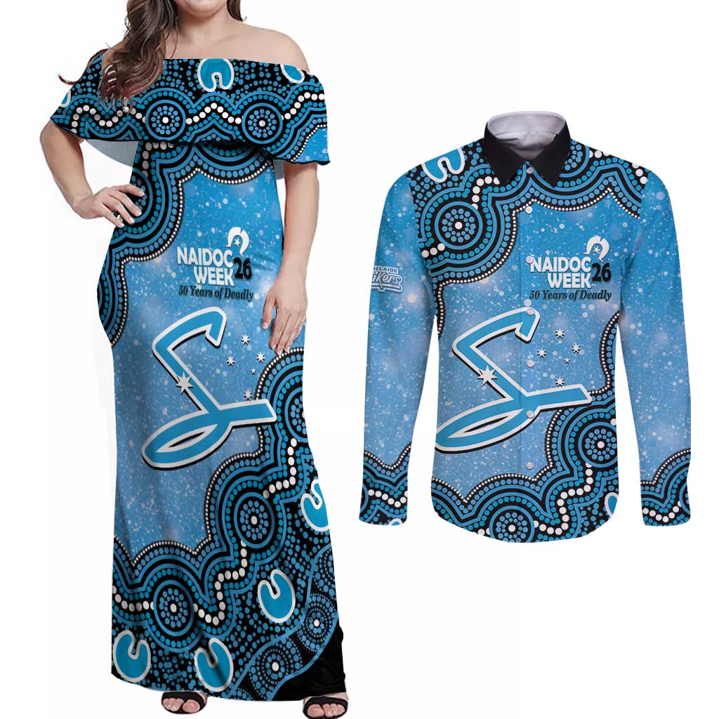 Adelaide Strikers NAIDOC Week 2026 Custom Couples Matching Off Shoulder Maxi Dress and Long Sleeve Button Shirt 50 Years Deadly Indigenous Art Glitter Effect
