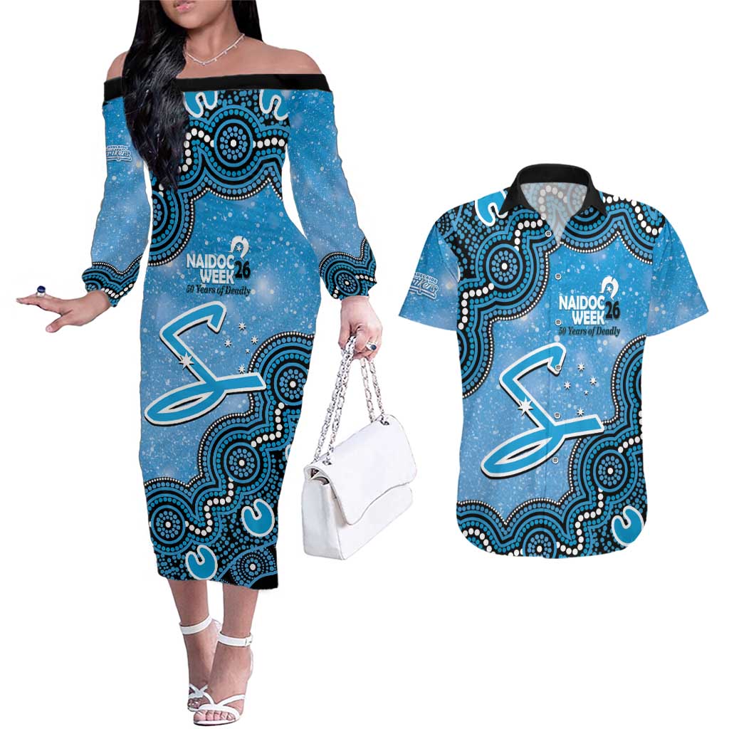 Adelaide Strikers NAIDOC Week 2026 Custom Couples Matching Off The Shoulder Long Sleeve Dress and Hawaiian Shirt 50 Years Deadly Indigenous Art Glitter Effect