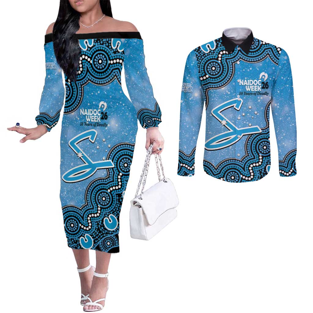 Adelaide Strikers NAIDOC Week 2026 Custom Couples Matching Off The Shoulder Long Sleeve Dress and Long Sleeve Button Shirt 50 Years Deadly Indigenous Art Glitter Effect
