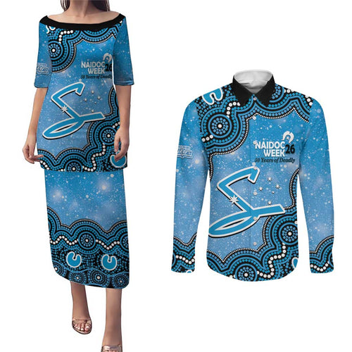 Adelaide Strikers NAIDOC Week 2026 Custom Couples Matching Puletasi and Long Sleeve Button Shirt 50 Years Deadly Indigenous Art Glitter Effect