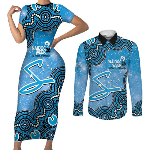 Adelaide Strikers NAIDOC Week 2026 Custom Couples Matching Short Sleeve Bodycon Dress and Long Sleeve Button Shirt 50 Years Deadly Indigenous Art Glitter Effect