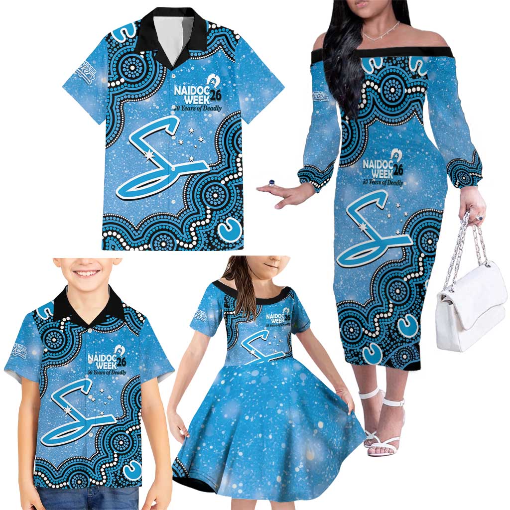 Adelaide Strikers NAIDOC Week 2026 Custom Family Matching Off The Shoulder Long Sleeve Dress and Hawaiian Shirt 50 Years Deadly Indigenous Art Glitter Effect