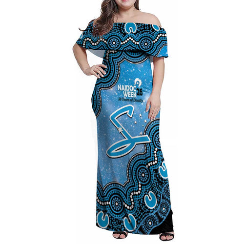 Adelaide Strikers NAIDOC Week 2026 Custom Family Matching Off Shoulder Maxi Dress and Hawaiian Shirt 50 Years Deadly Indigenous Art Glitter Effect