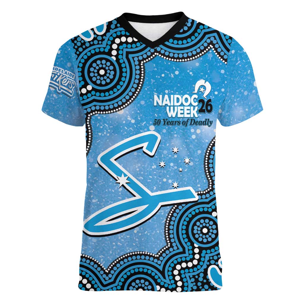 Adelaide Strikers NAIDOC Week 2026 Custom Women V-Neck T-Shirt 50 Years Deadly Indigenous Art Glitter Effect