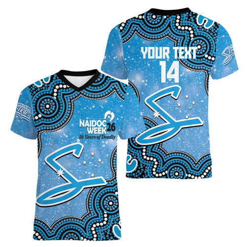 Adelaide Strikers NAIDOC Week 2026 Custom Women V-Neck T-Shirt 50 Years Deadly Indigenous Art Glitter Effect