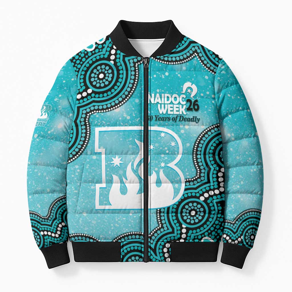 Brisbane Heat NAIDOC Week 2026 Custom Bomber Puffer Jacket 50 Years Deadly Indigenous Art Glitter Effect