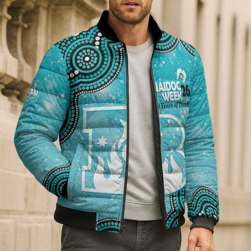 Brisbane Heat NAIDOC Week 2026 Custom Bomber Puffer Jacket 50 Years Deadly Indigenous Art Glitter Effect