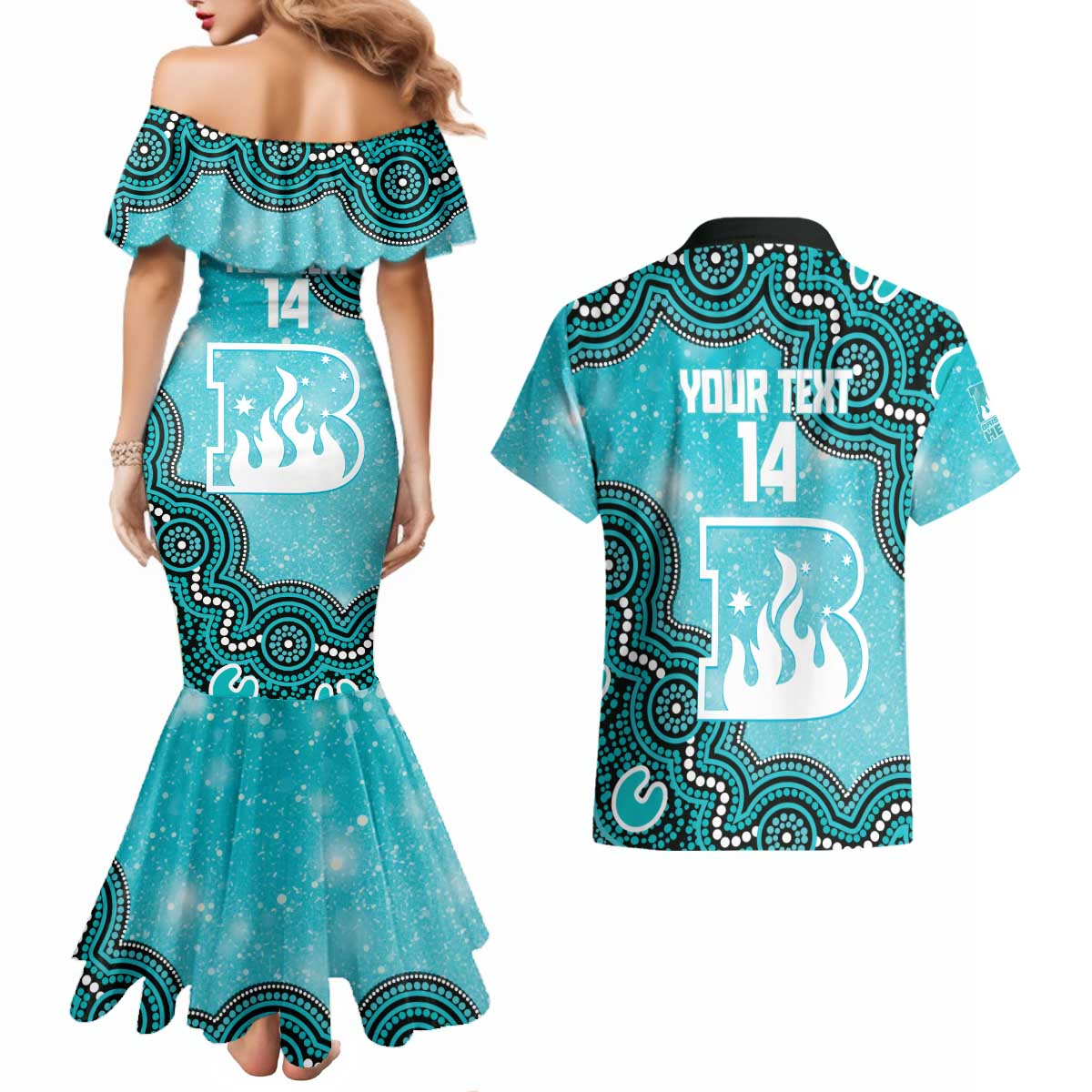 Brisbane Heat NAIDOC Week 2026 Custom Couples Matching Mermaid Dress and Hawaiian Shirt 50 Years Deadly Indigenous Art Glitter Effect