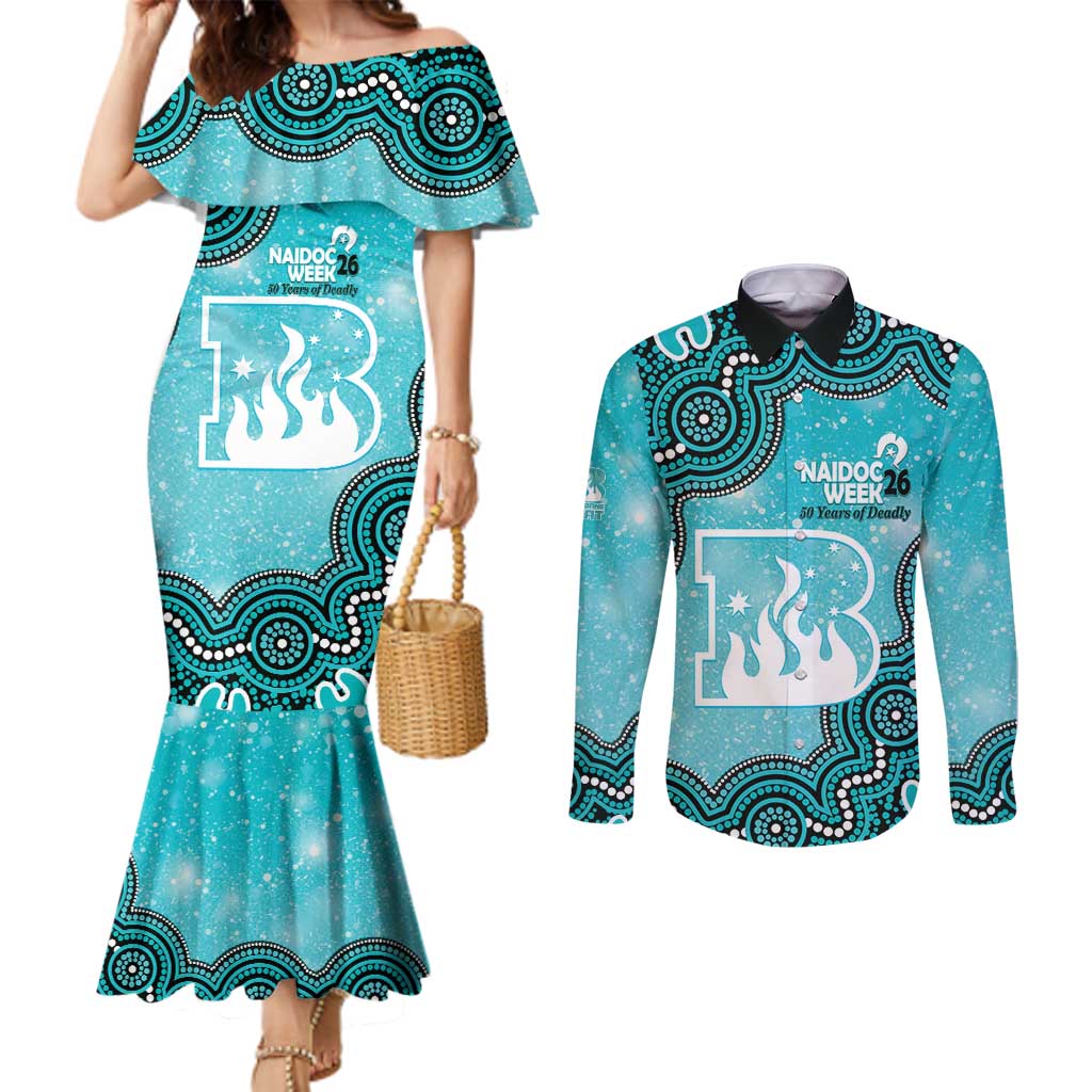 Brisbane Heat NAIDOC Week 2026 Custom Couples Matching Mermaid Dress and Long Sleeve Button Shirt 50 Years Deadly Indigenous Art Glitter Effect