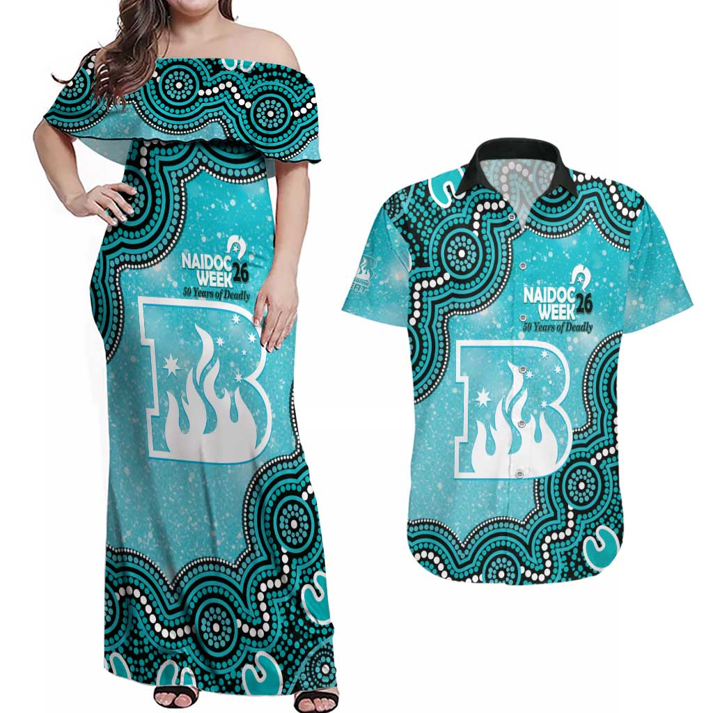 Brisbane Heat NAIDOC Week 2026 Custom Couples Matching Off Shoulder Maxi Dress and Hawaiian Shirt 50 Years Deadly Indigenous Art Glitter Effect
