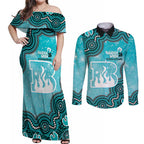 Brisbane Heat NAIDOC Week 2026 Custom Couples Matching Off Shoulder Maxi Dress and Long Sleeve Button Shirt 50 Years Deadly Indigenous Art Glitter Effect