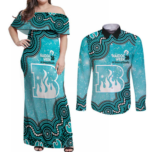 Brisbane Heat NAIDOC Week 2026 Custom Couples Matching Off Shoulder Maxi Dress and Long Sleeve Button Shirt 50 Years Deadly Indigenous Art Glitter Effect
