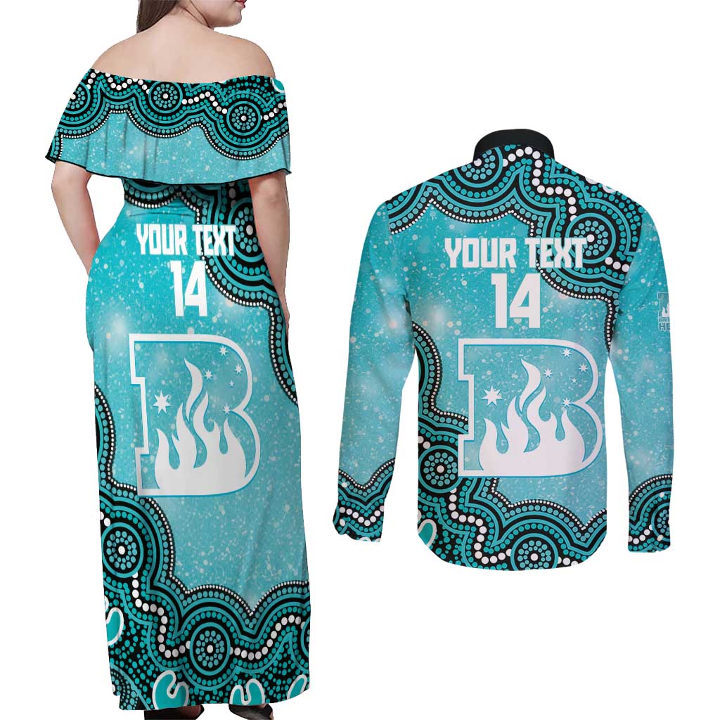 Brisbane Heat NAIDOC Week 2026 Custom Couples Matching Off Shoulder Maxi Dress and Long Sleeve Button Shirt 50 Years Deadly Indigenous Art Glitter Effect