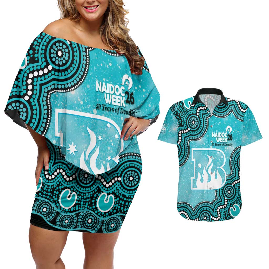 Brisbane Heat NAIDOC Week 2026 Custom Couples Matching Off Shoulder Short Dress and Hawaiian Shirt 50 Years Deadly Indigenous Art Glitter Effect