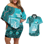 Brisbane Heat NAIDOC Week 2026 Custom Couples Matching Off Shoulder Short Dress and Hawaiian Shirt 50 Years Deadly Indigenous Art Glitter Effect
