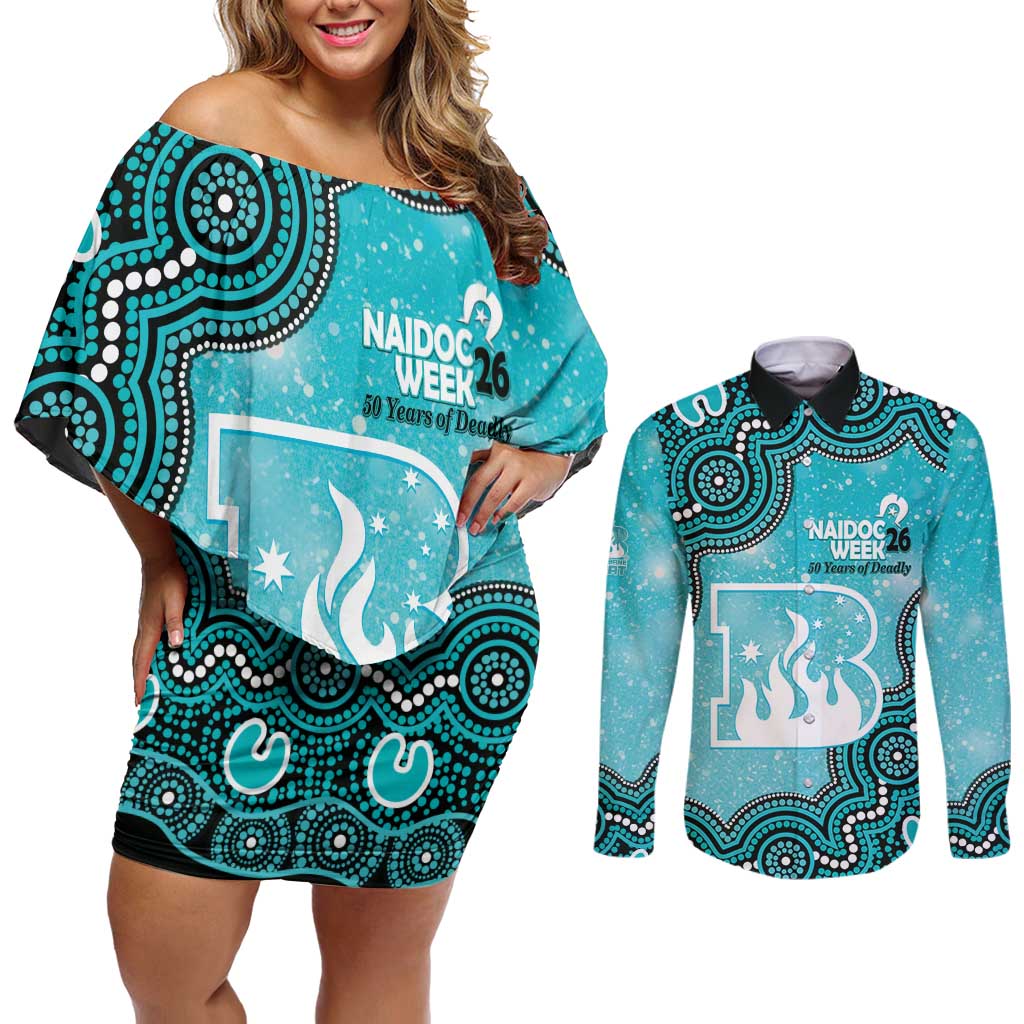Brisbane Heat NAIDOC Week 2026 Custom Couples Matching Off Shoulder Short Dress and Long Sleeve Button Shirt 50 Years Deadly Indigenous Art Glitter Effect