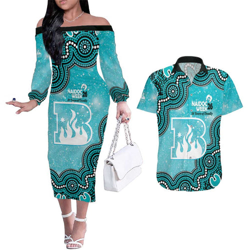 Brisbane Heat NAIDOC Week 2026 Custom Couples Matching Off The Shoulder Long Sleeve Dress and Hawaiian Shirt 50 Years Deadly Indigenous Art Glitter Effect