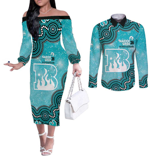 Brisbane Heat NAIDOC Week 2026 Custom Couples Matching Off The Shoulder Long Sleeve Dress and Long Sleeve Button Shirt 50 Years Deadly Indigenous Art Glitter Effect