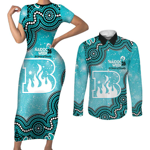 Brisbane Heat NAIDOC Week 2026 Custom Couples Matching Short Sleeve Bodycon Dress and Long Sleeve Button Shirt 50 Years Deadly Indigenous Art Glitter Effect