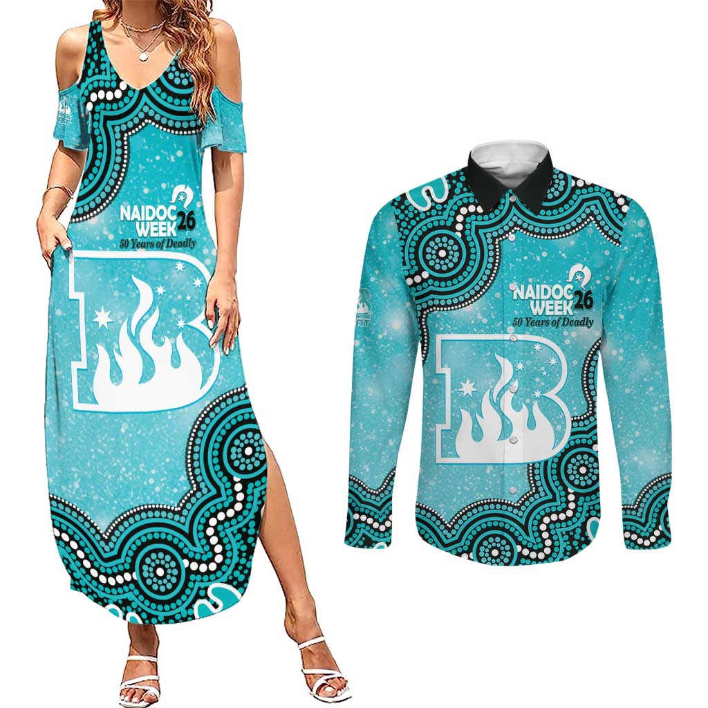 Brisbane Heat NAIDOC Week 2026 Custom Couples Matching Summer Maxi Dress and Long Sleeve Button Shirt 50 Years Deadly Indigenous Art Glitter Effect