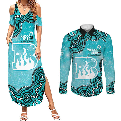 Brisbane Heat NAIDOC Week 2026 Custom Couples Matching Summer Maxi Dress and Long Sleeve Button Shirt 50 Years Deadly Indigenous Art Glitter Effect
